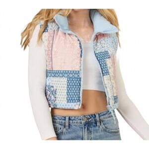 NEW SUNDAYUP cropped floral print puffer vest in blue/pink